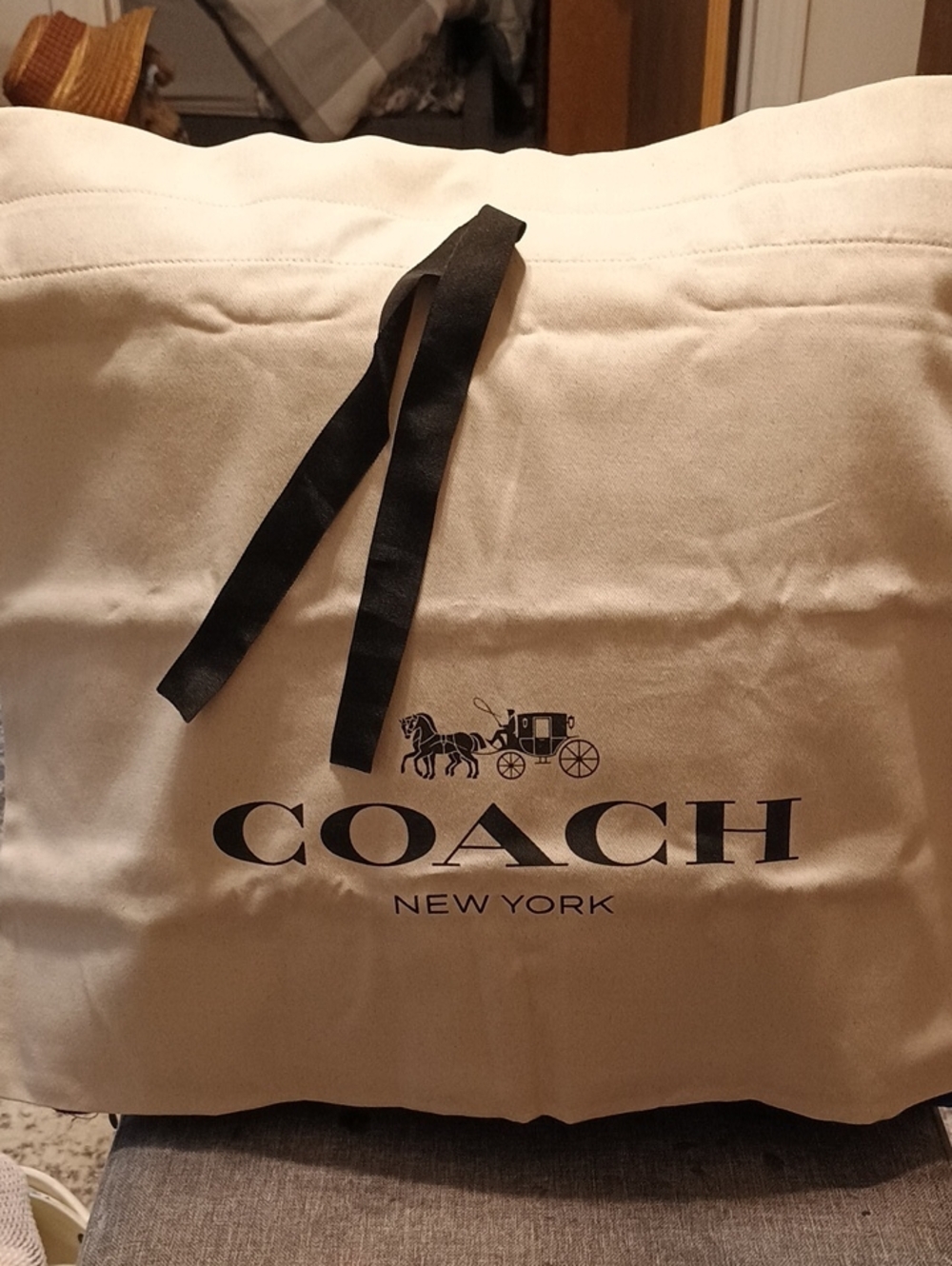 NWOT Coach Cream Cotton Dust Bag with Black Logo and Drawstring